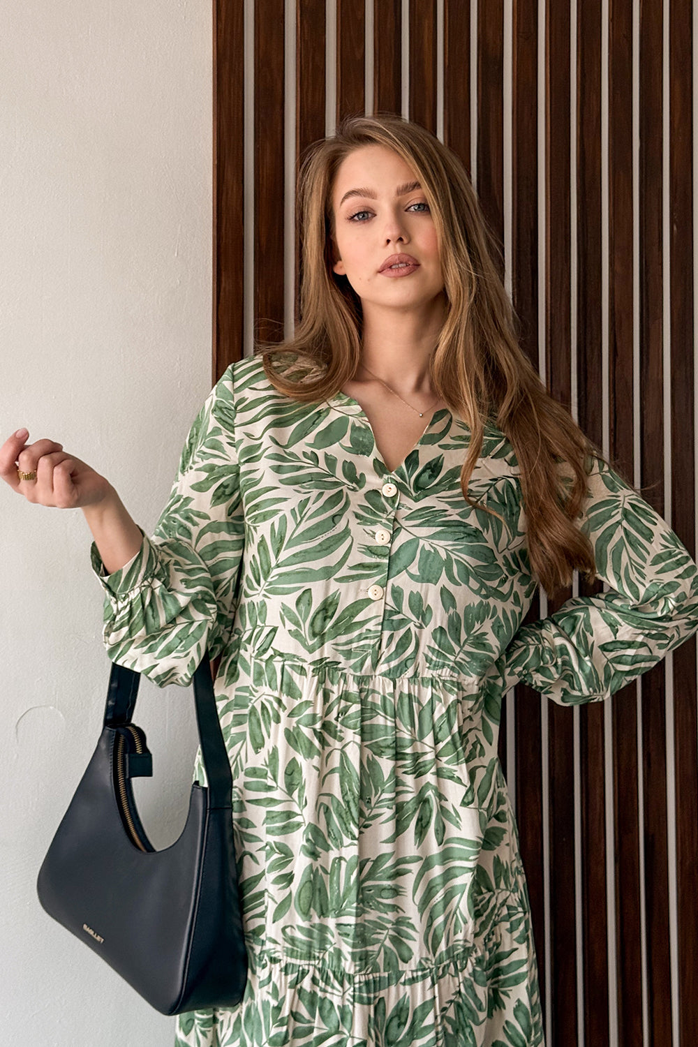 Green Maxi Dress with Ruffles and Buttons