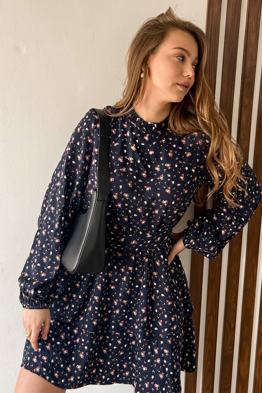 Loose Navy Blue Mini Dress with Full Skirt