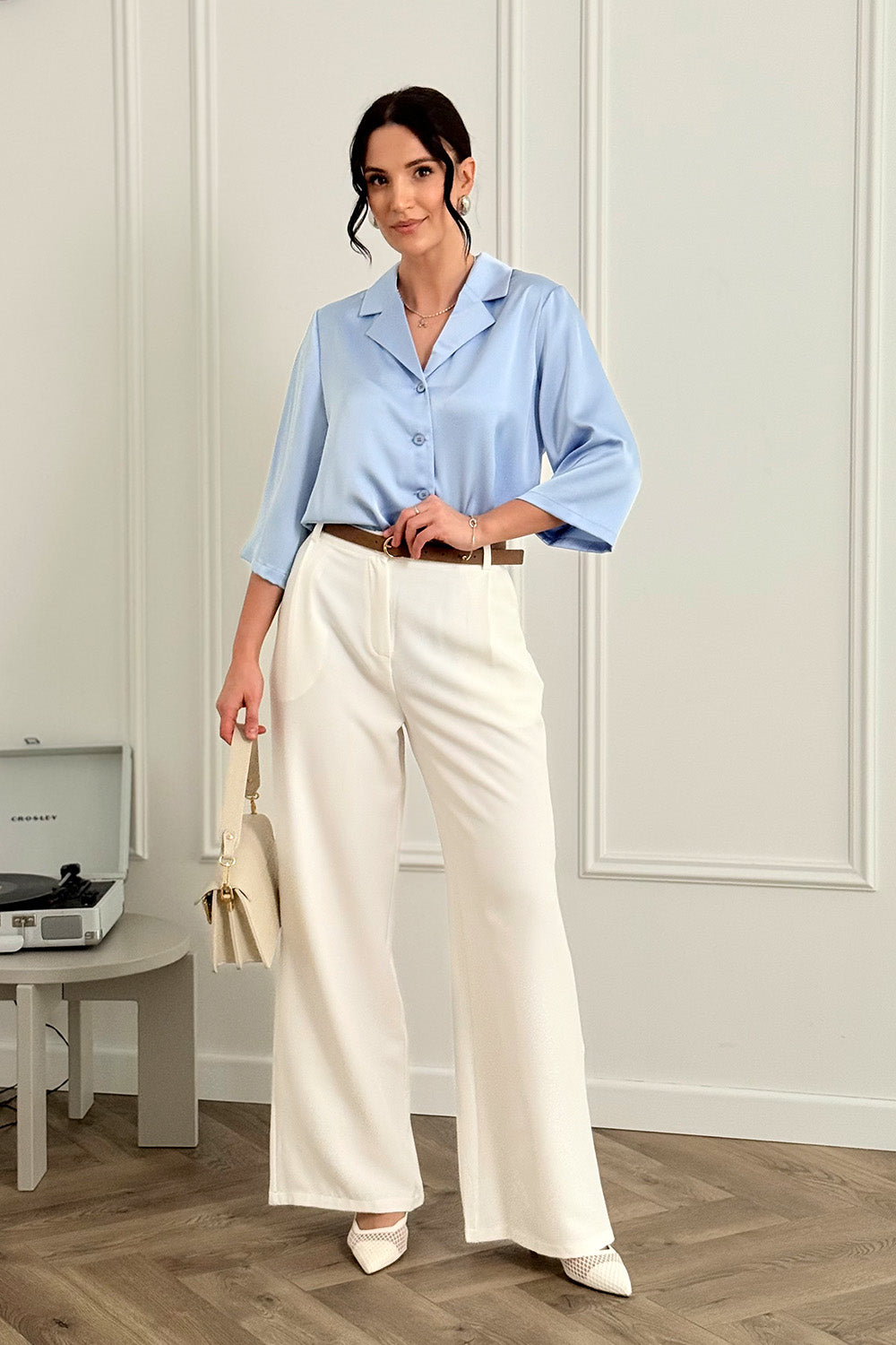 Blue silk shirt with jacket collar