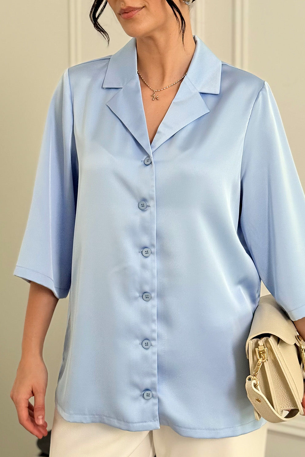 Blue silk shirt with jacket collar