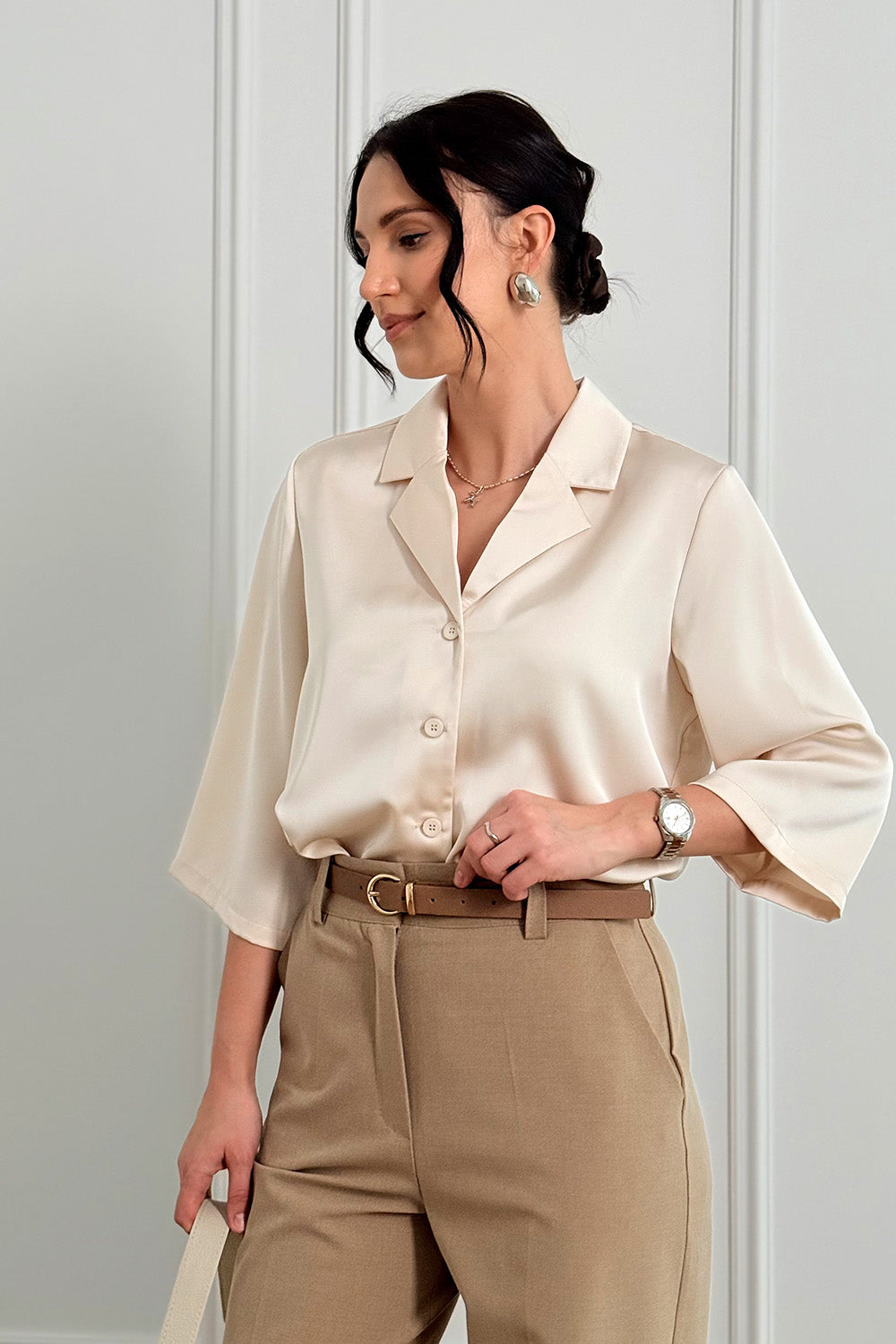 Beige silk shirt with jacket collar
