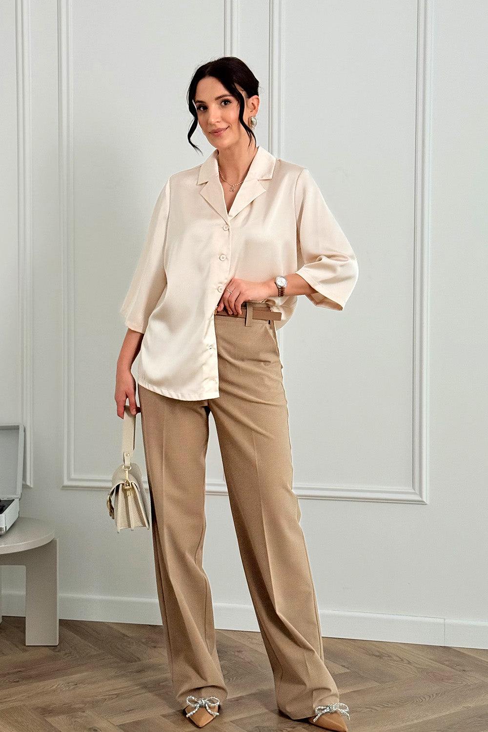 Beige silk shirt with jacket collar