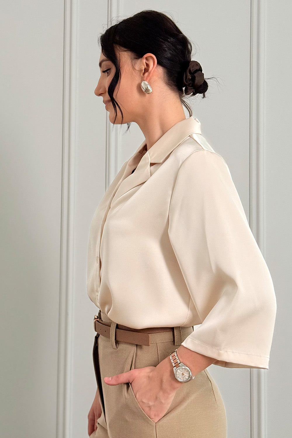 Beige silk shirt with jacket collar