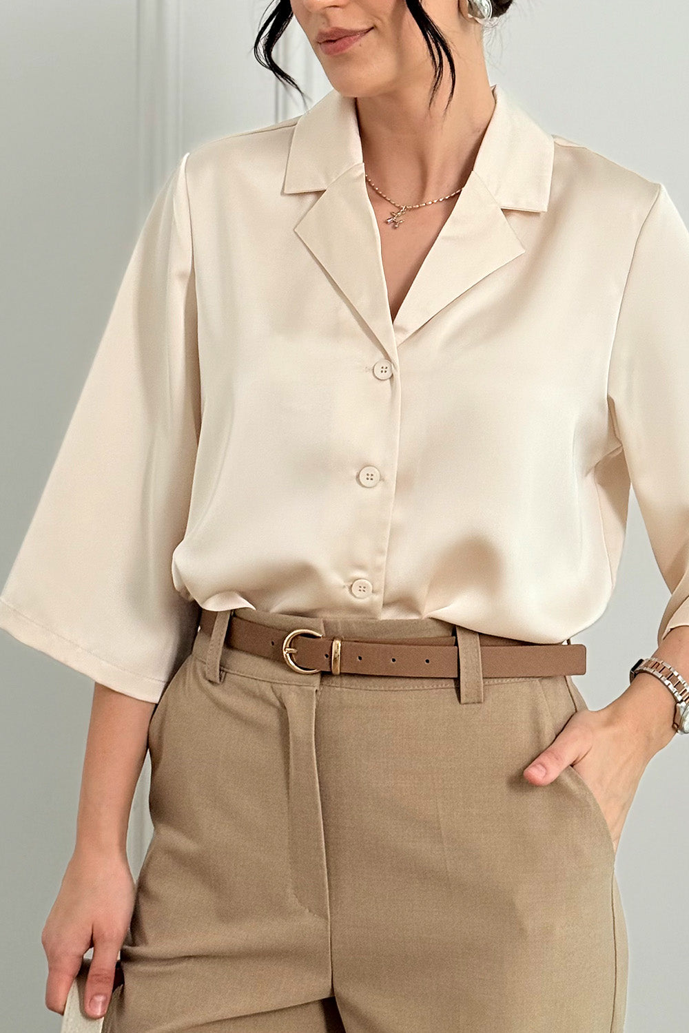 Beige silk shirt with jacket collar