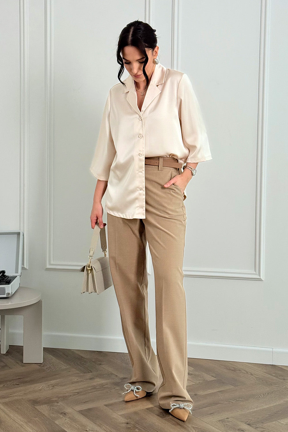Beige silk shirt with jacket collar