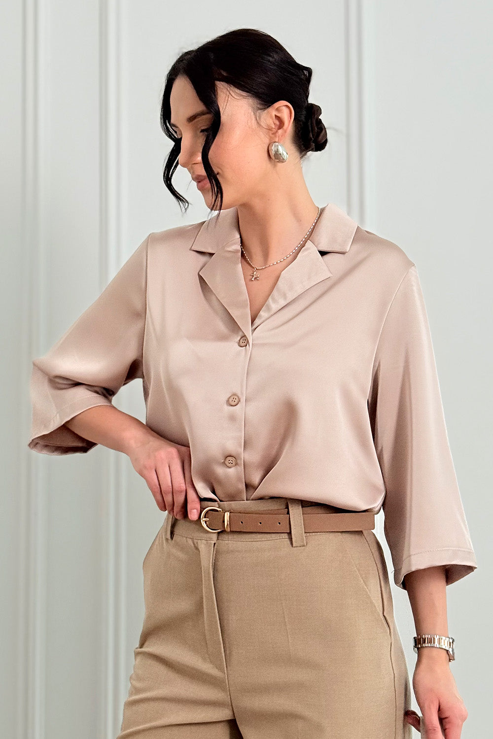 Silk shirt with jacket collar in the color "Mocha"