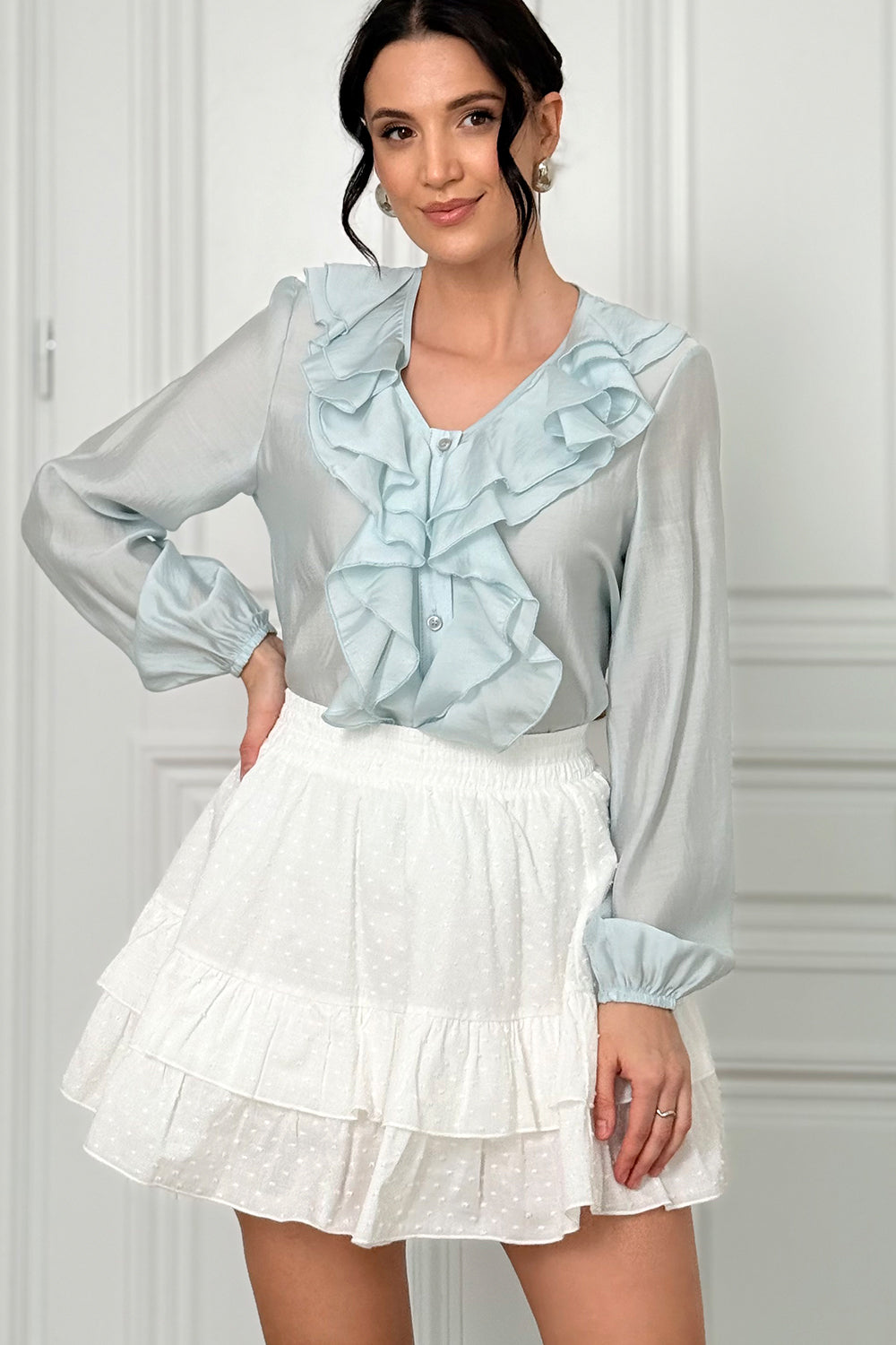 Blue blouse with double ruffles