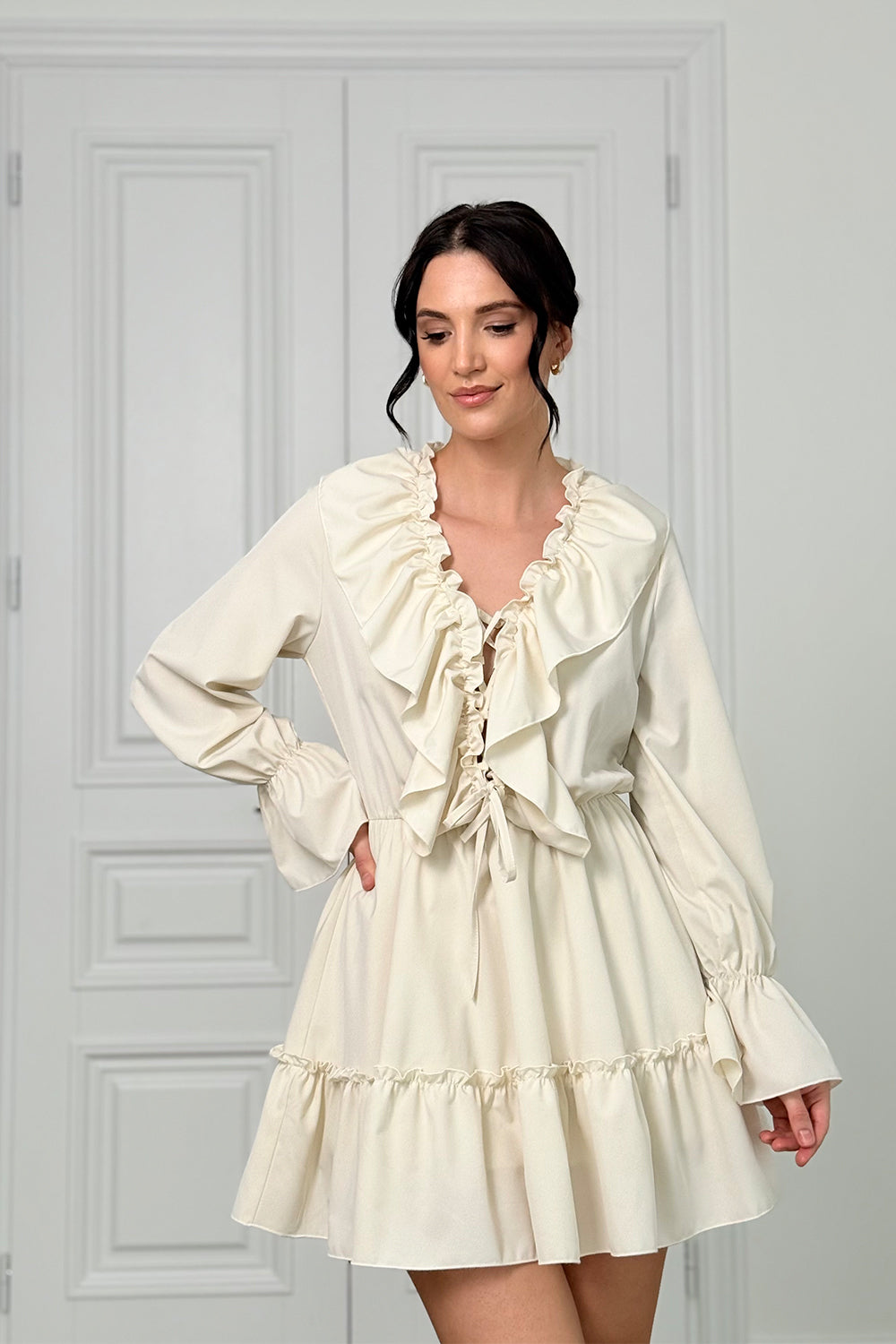Milky light dress with ruffles