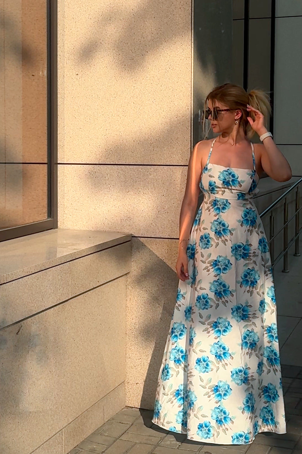 Blue Summer Dress with Open Back