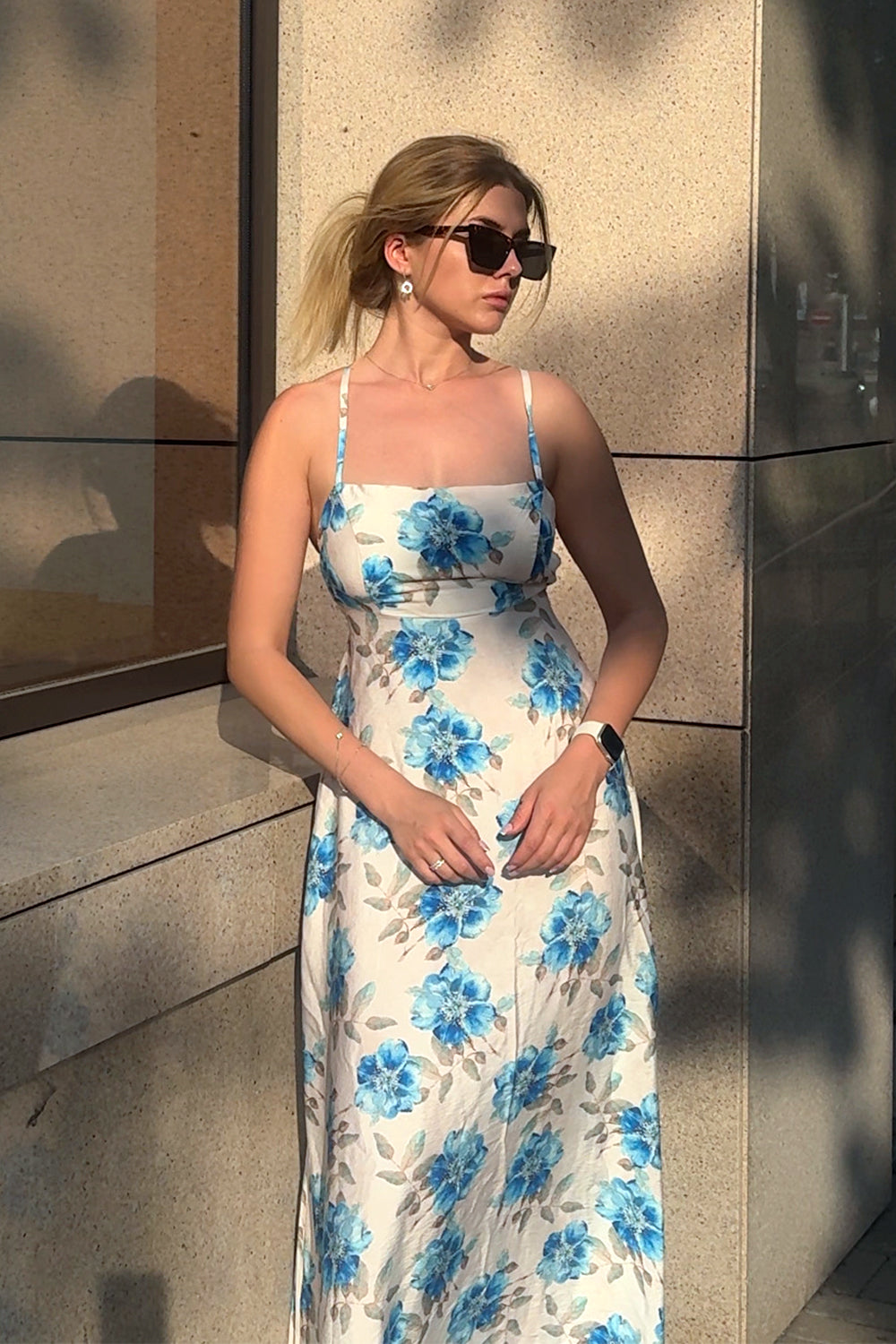 Blue Summer Dress with Open Back