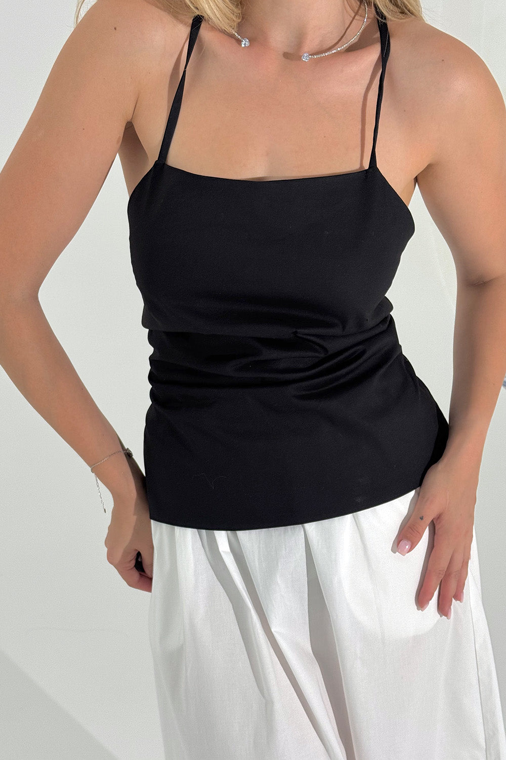 Black cotton top with lace up back