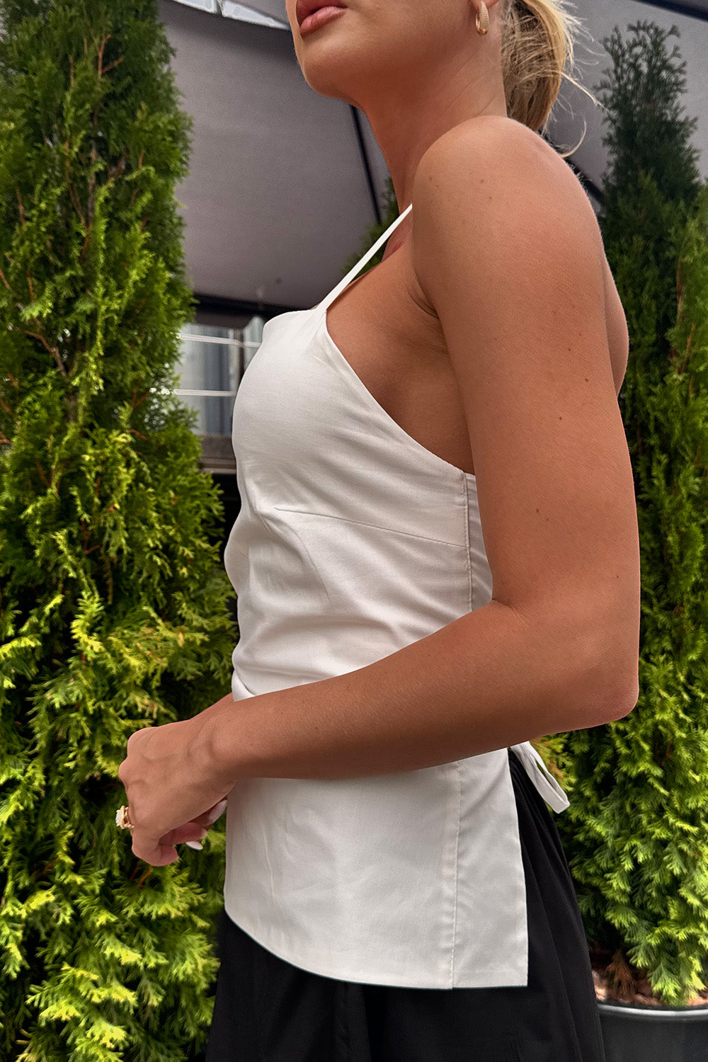 White cotton top with lace up back