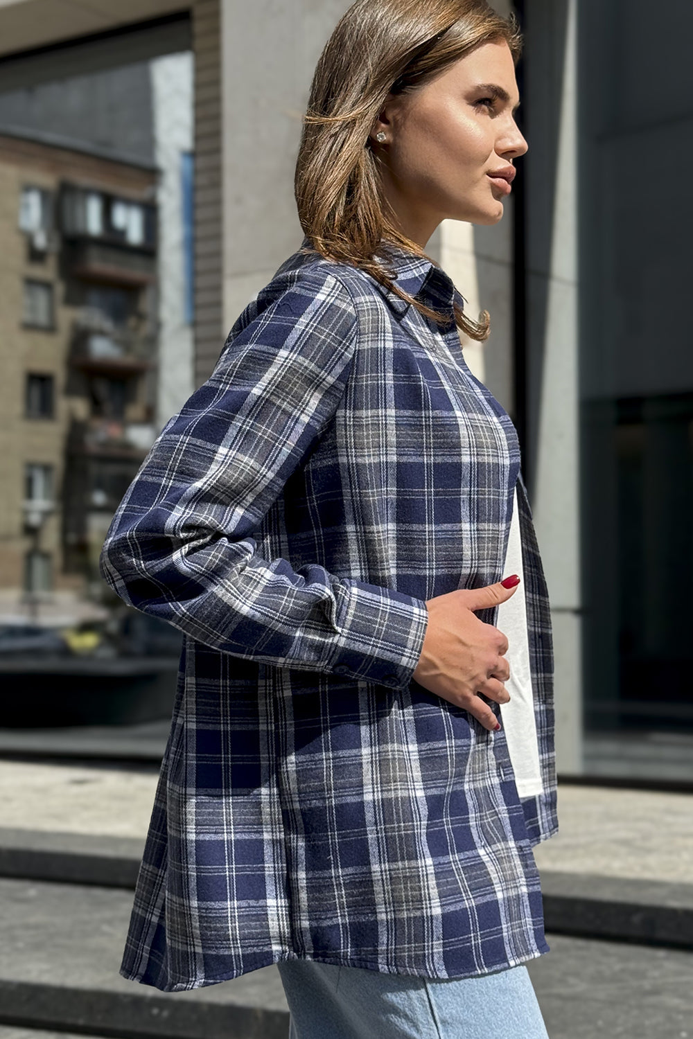 Blue checkered straight shirt