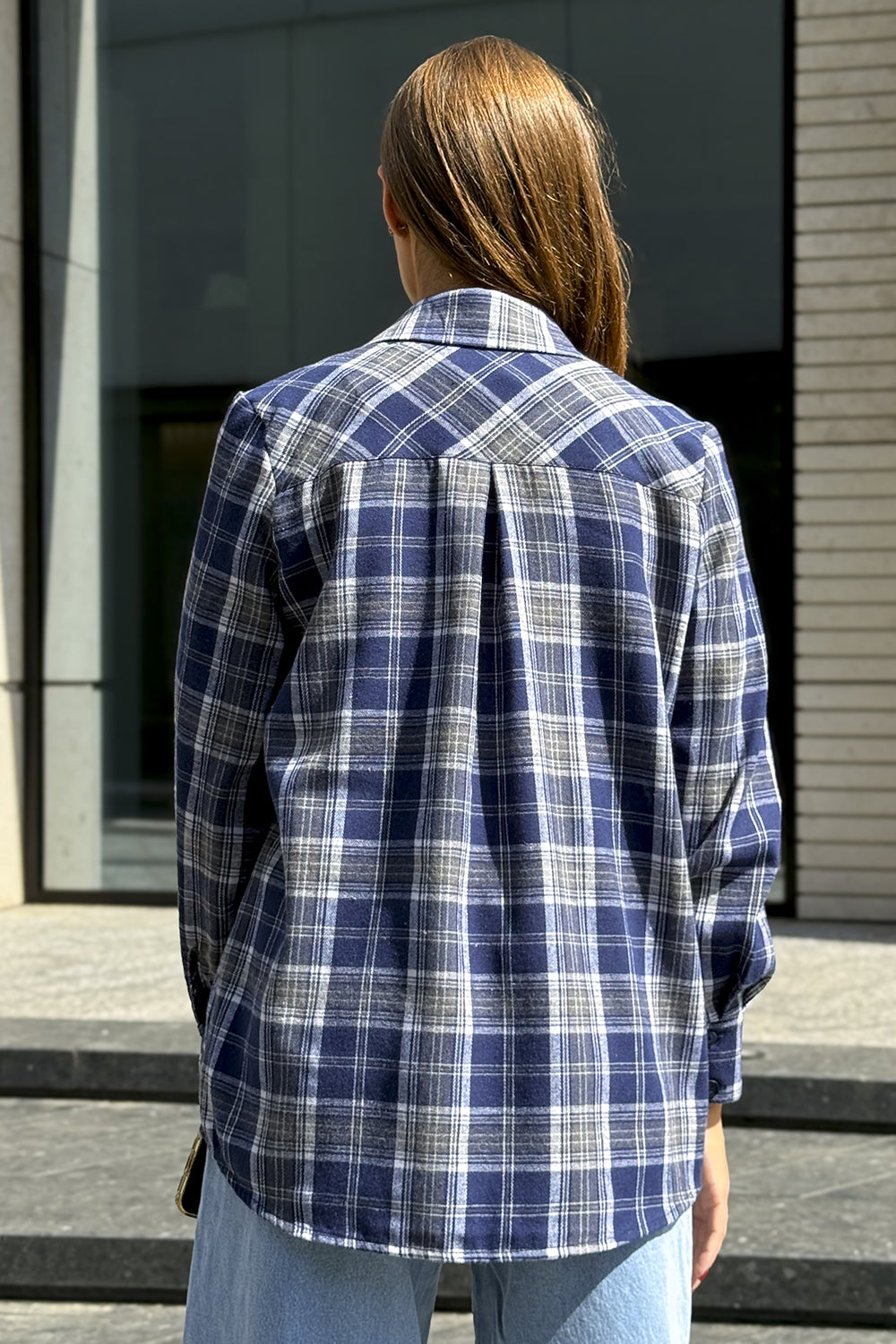 Blue checkered straight shirt
