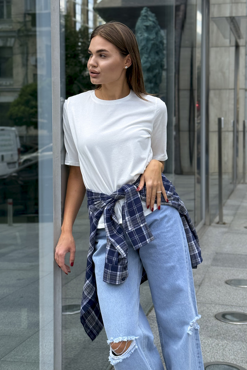 Blue checkered straight shirt