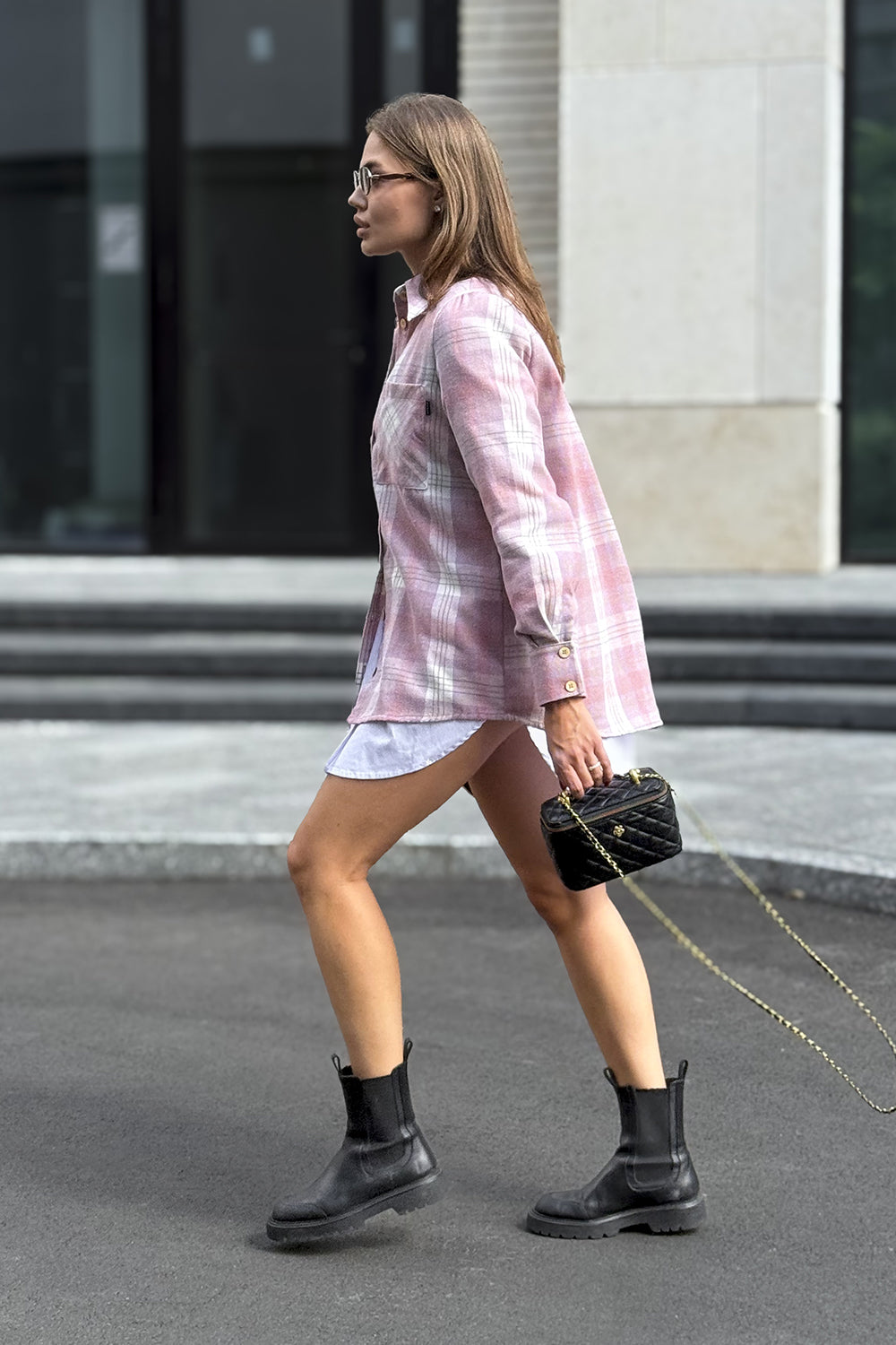 Pink checkered straight shirt
