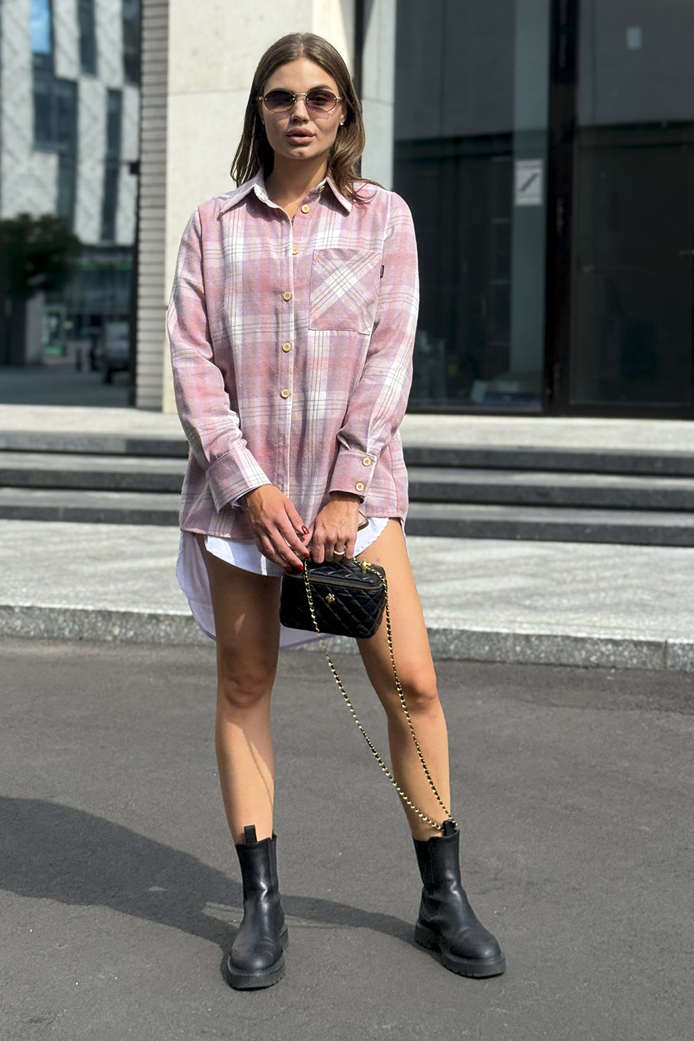 Pink checkered straight shirt
