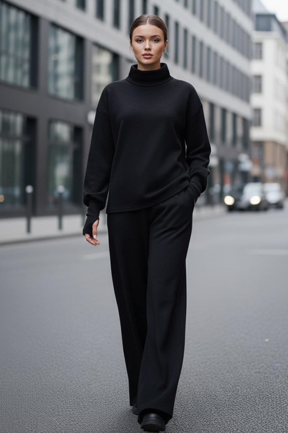Black walking suit made of soft knitted angora