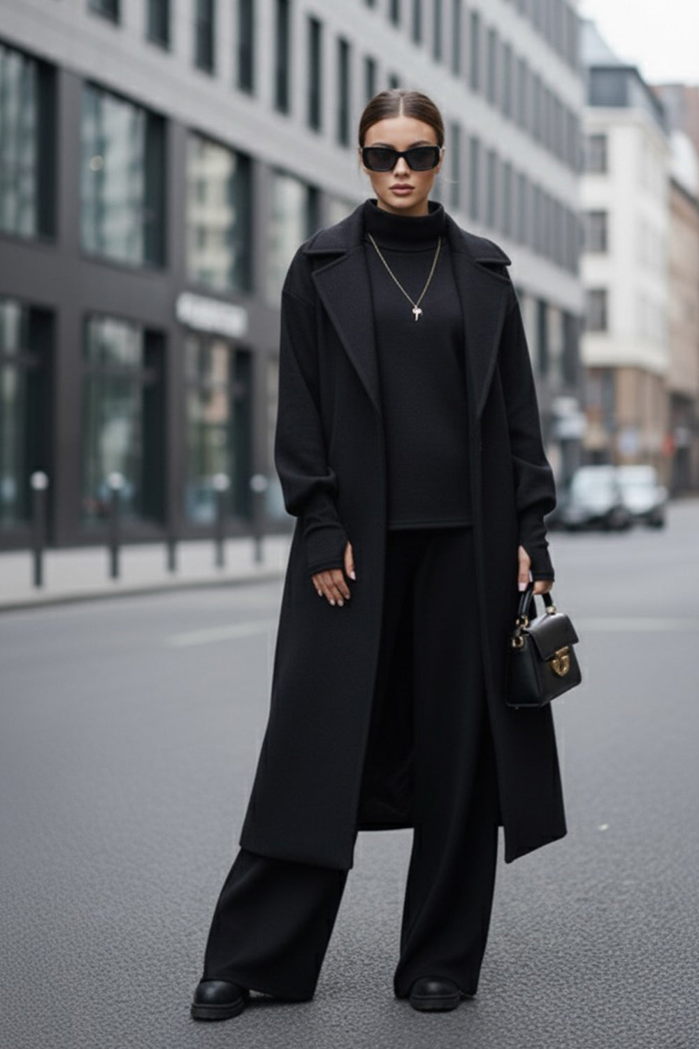 Black walking suit made of soft knitted angora