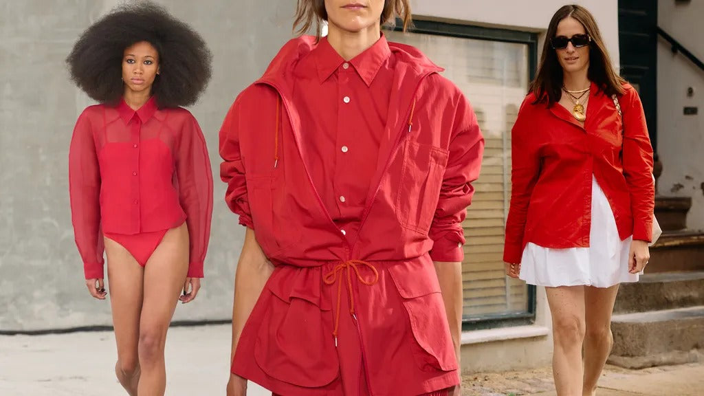 Shopping collage featuring various red button-down shirts at different price points, including With Nothing Underneath, Uniqlo, and Eres