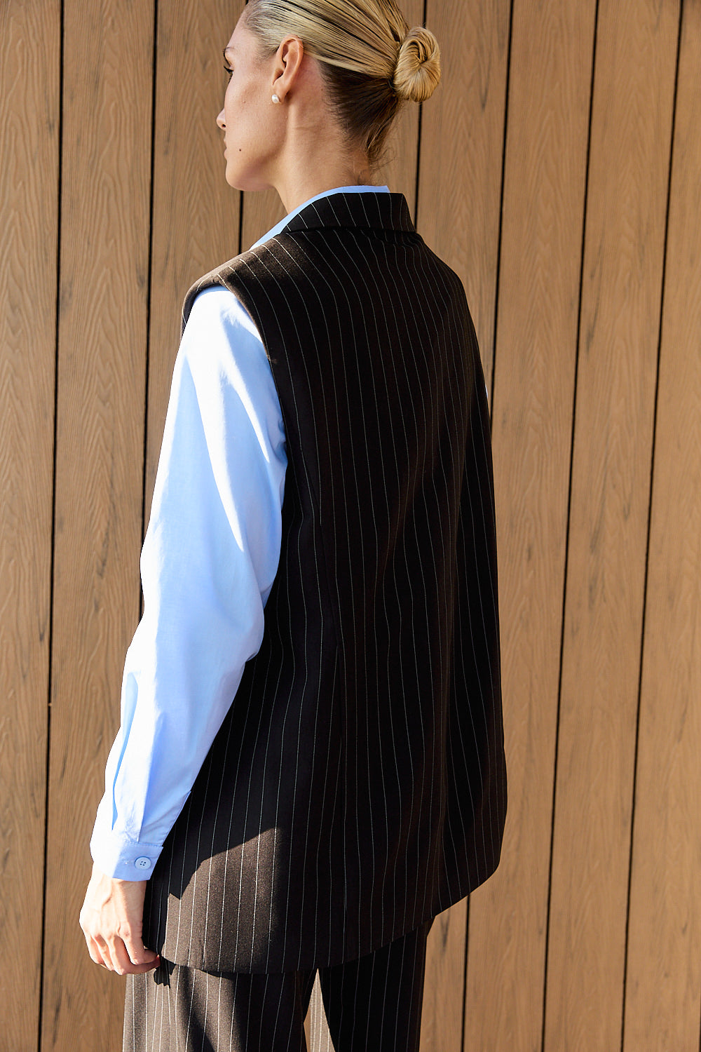 Black long vest with striped print