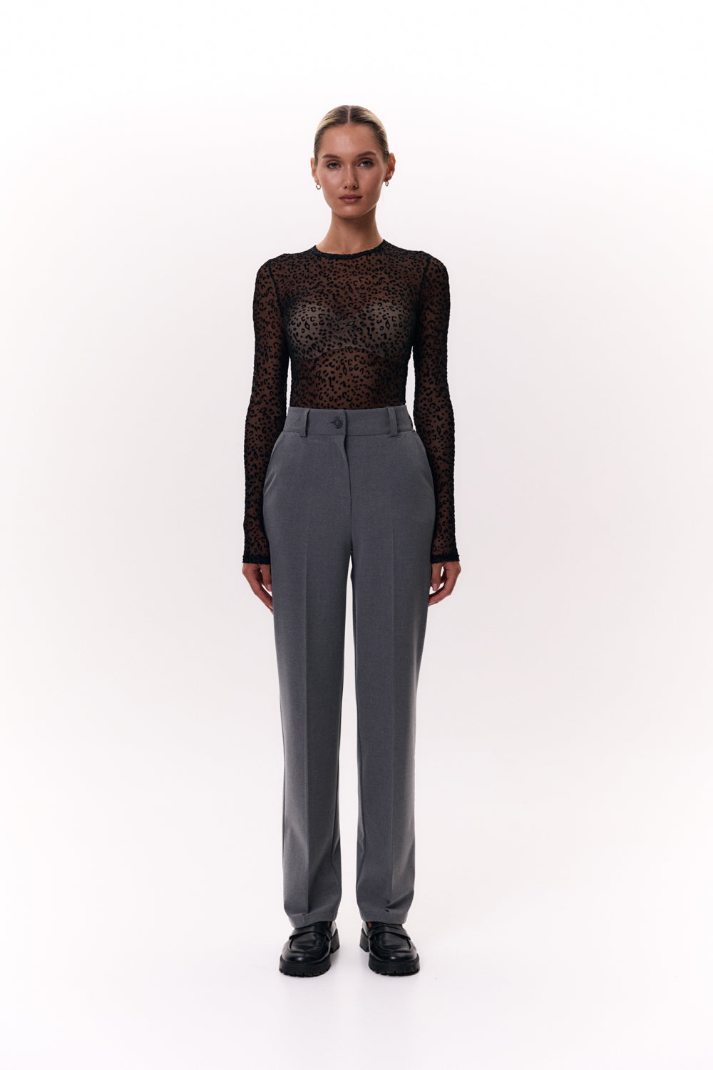 Черный сетчатый боди с флокированным узором