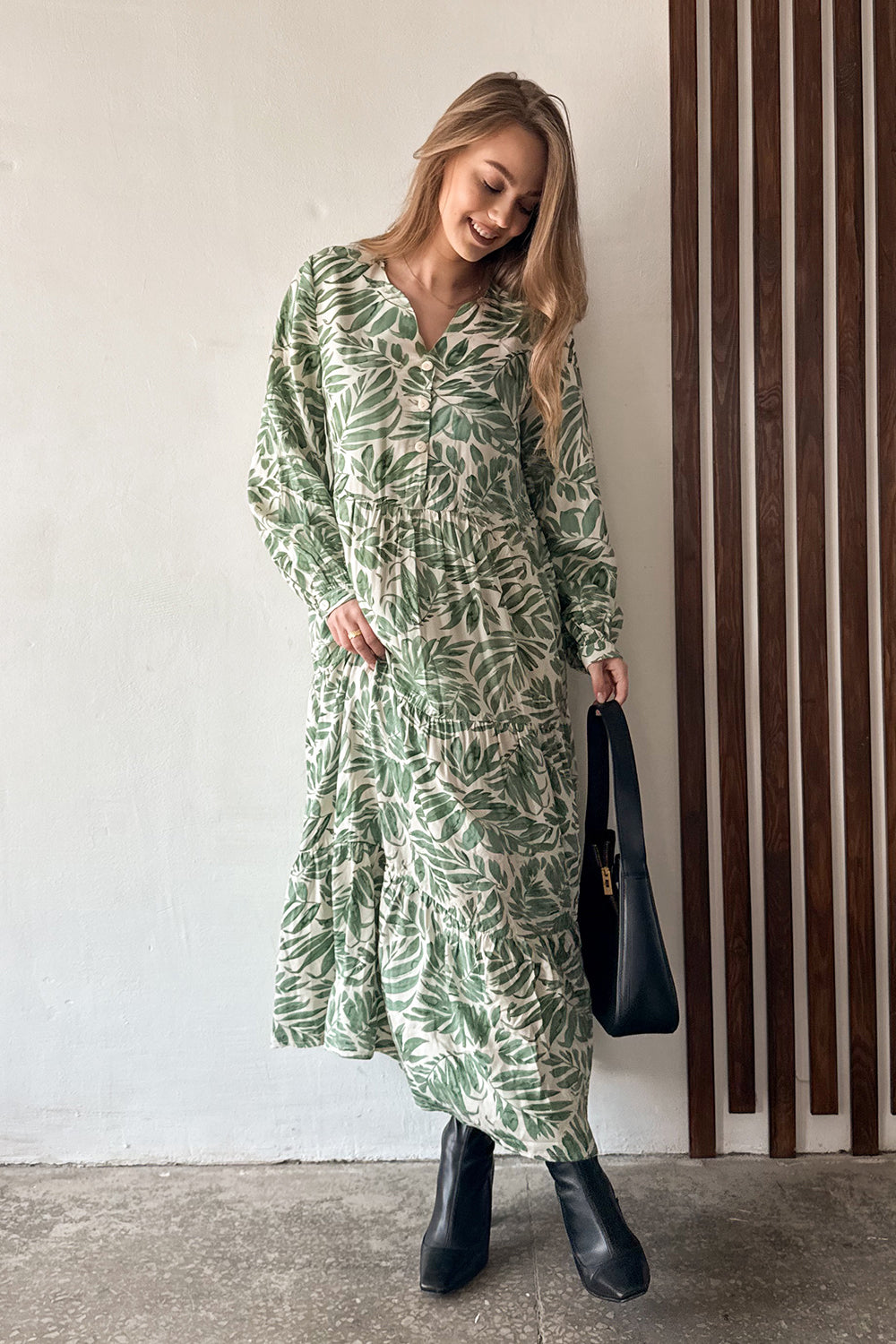 Green Maxi Dress with Ruffles and Buttons