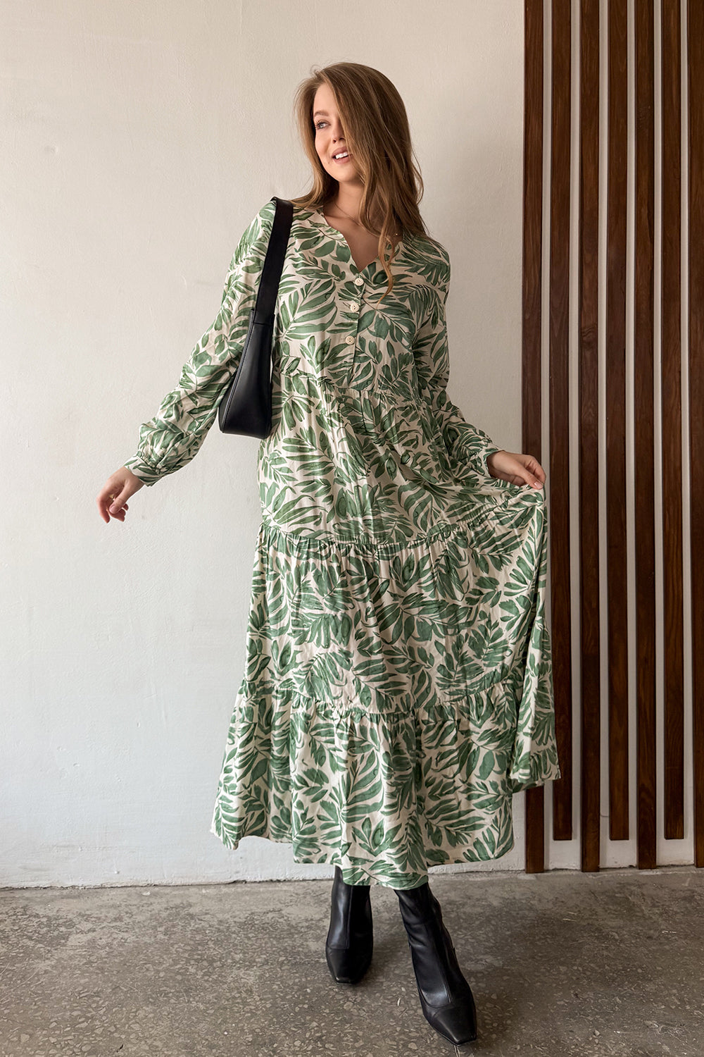 Green Maxi Dress with Ruffles and Buttons