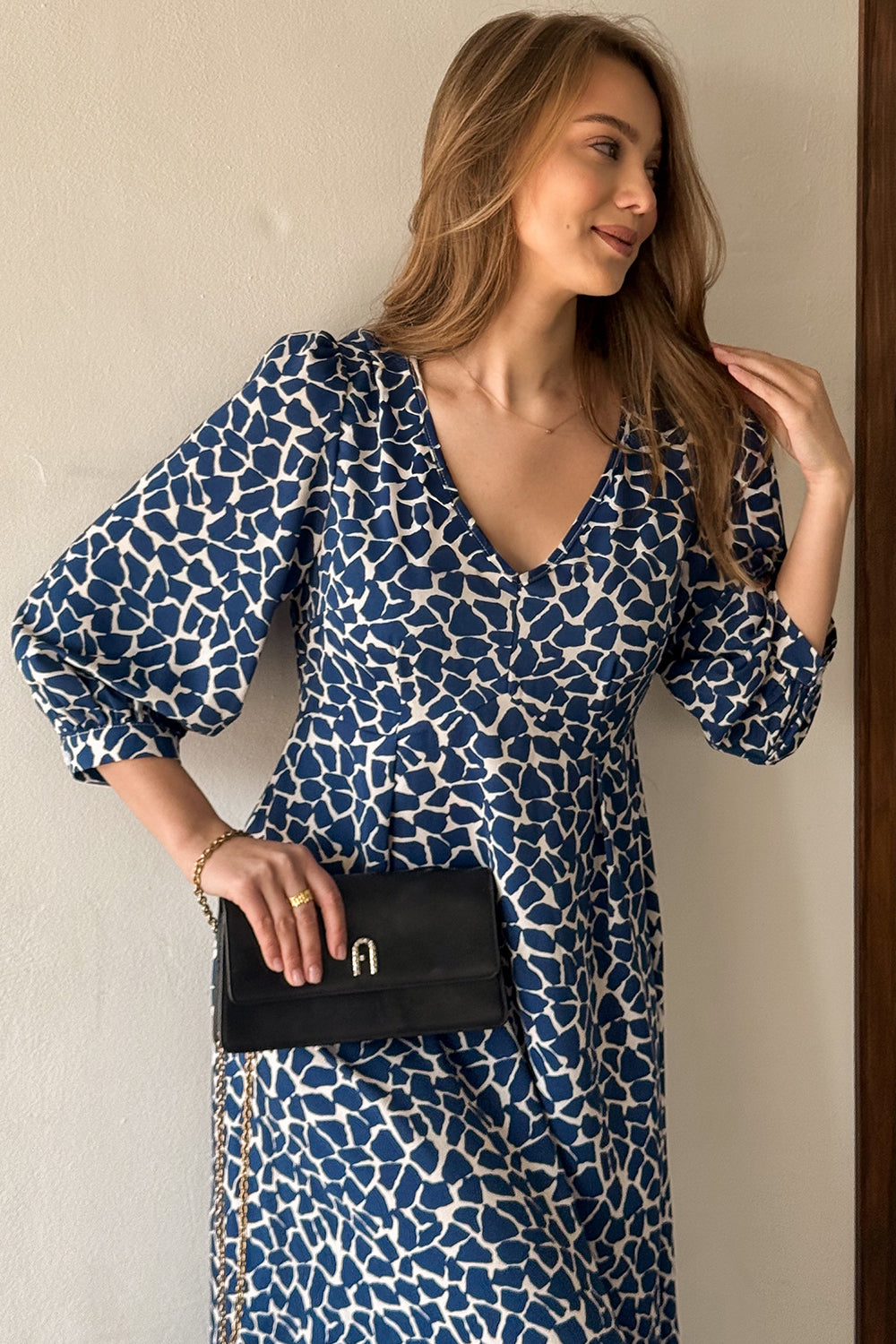 Blue super soft midi dress with puffy sleeves