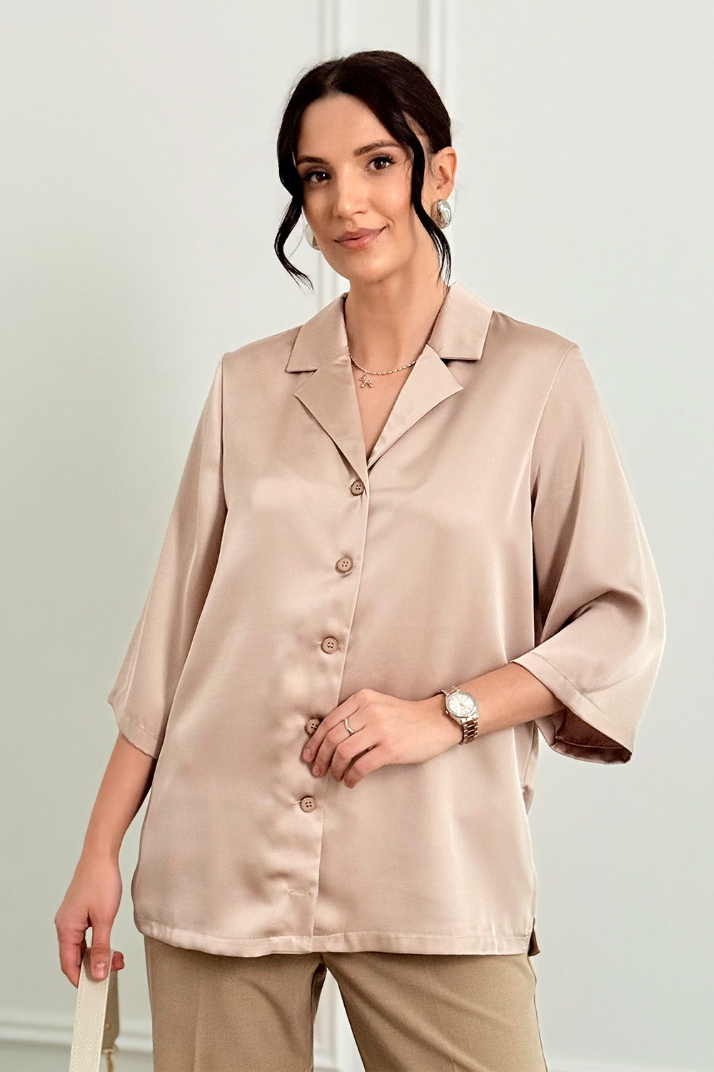 Silk shirt with jacket collar in the color "Mocha"