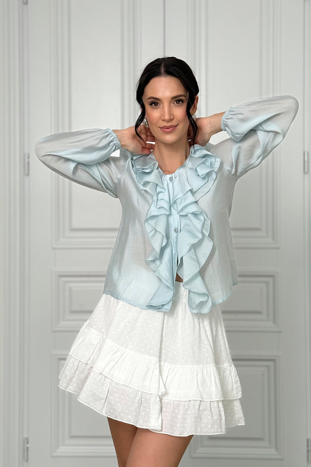 Blue blouse with double ruffles