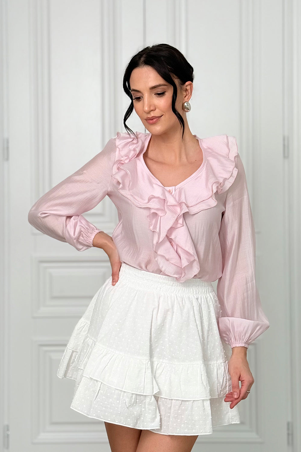 Pink blouse with double ruffles