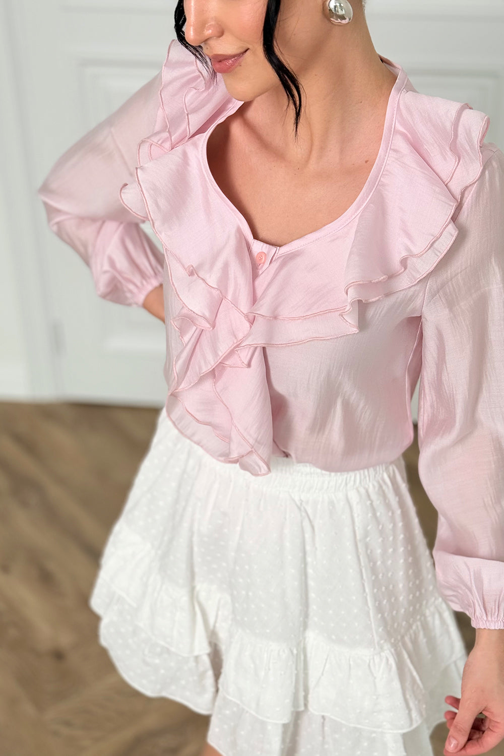 Pink blouse with double ruffles