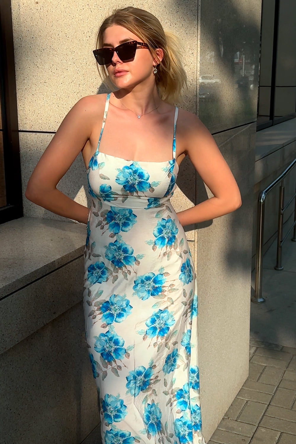 Blue Summer Dress with Open Back