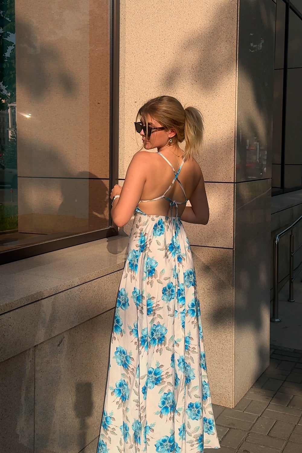Blue Summer Dress with Open Back