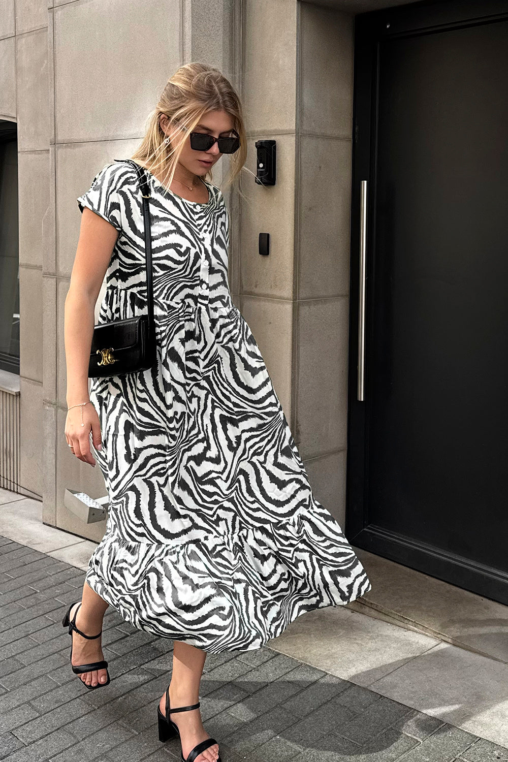 Black scoop neck midi dress