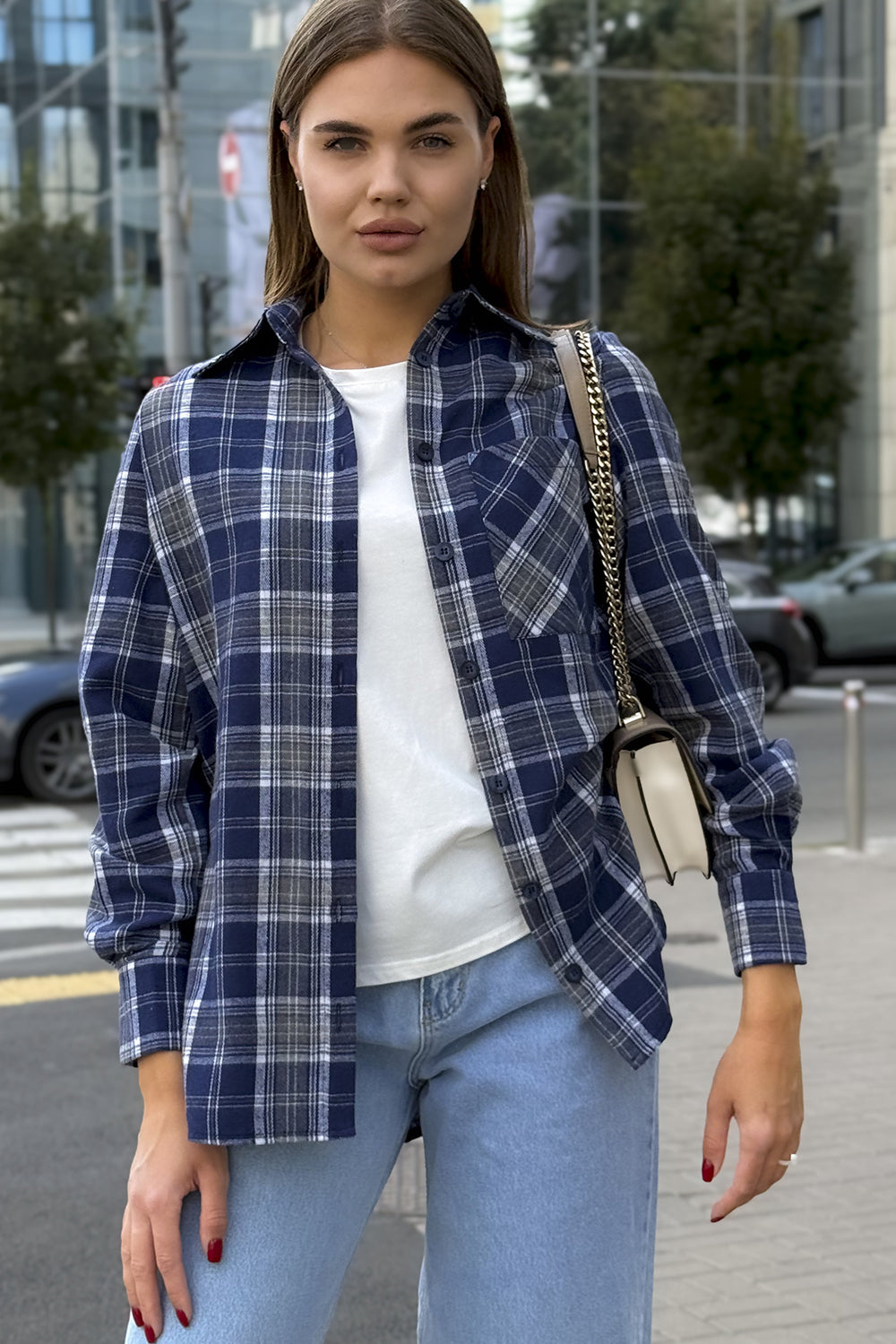 Blue checkered straight shirt