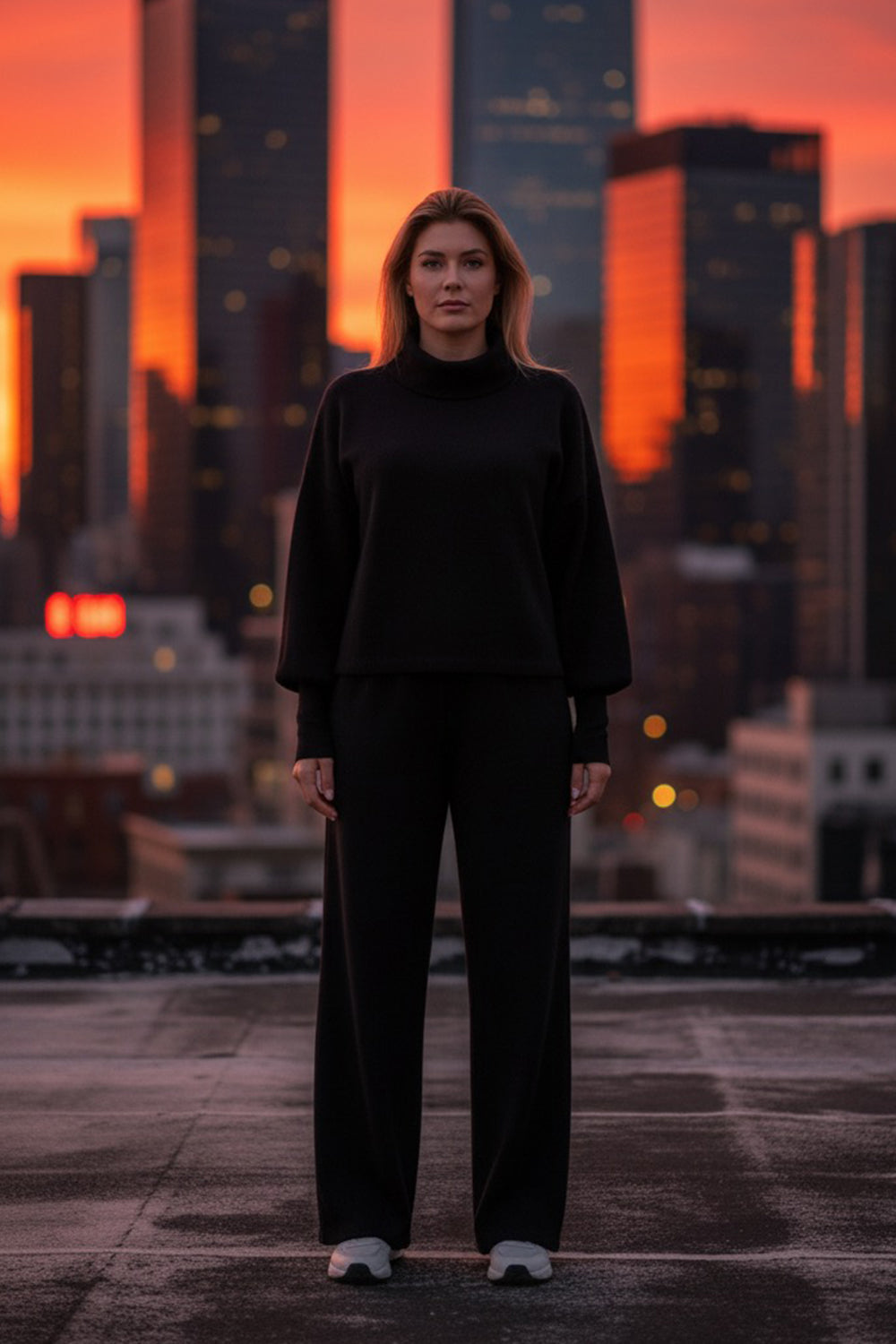 Black walking suit made of soft knitted angora