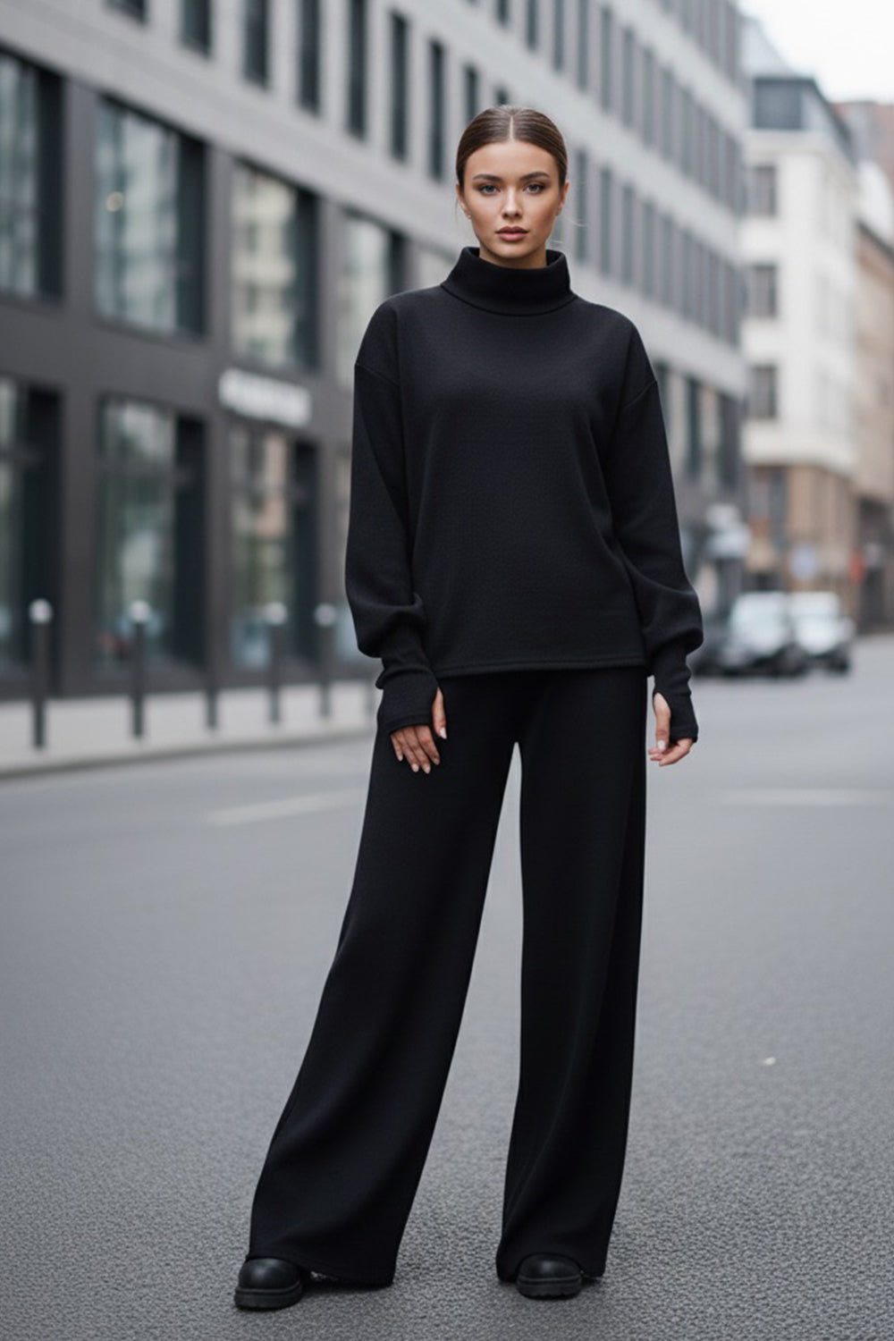 Black walking suit made of soft knitted angora