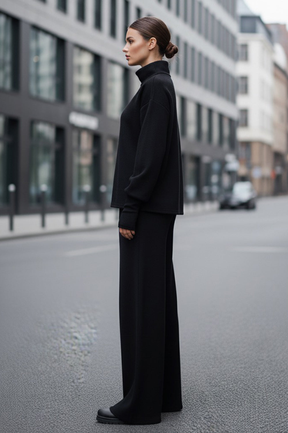 Black walking suit made of soft knitted angora