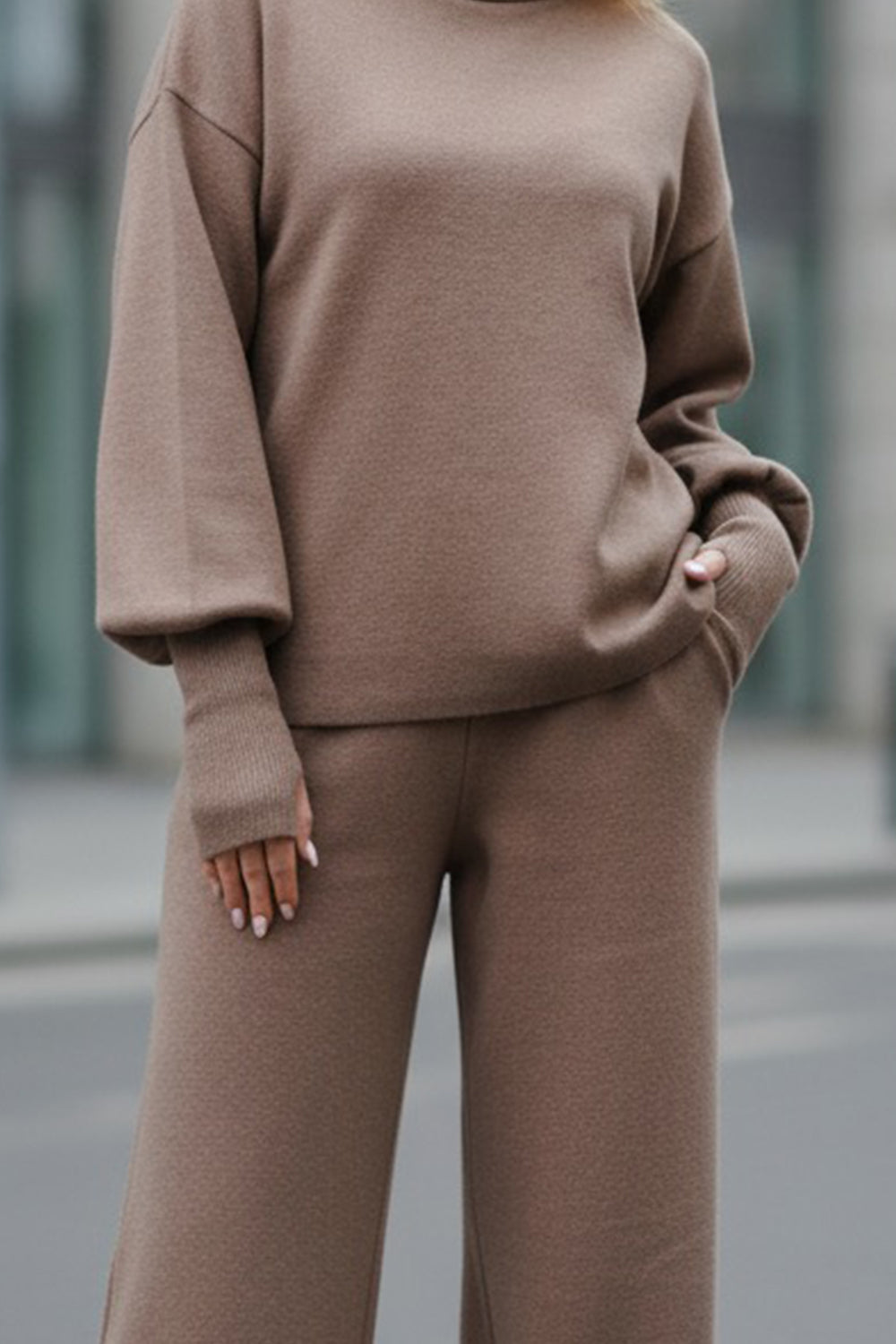 A walking suit made of soft knitted angora in the color "Mocha"
