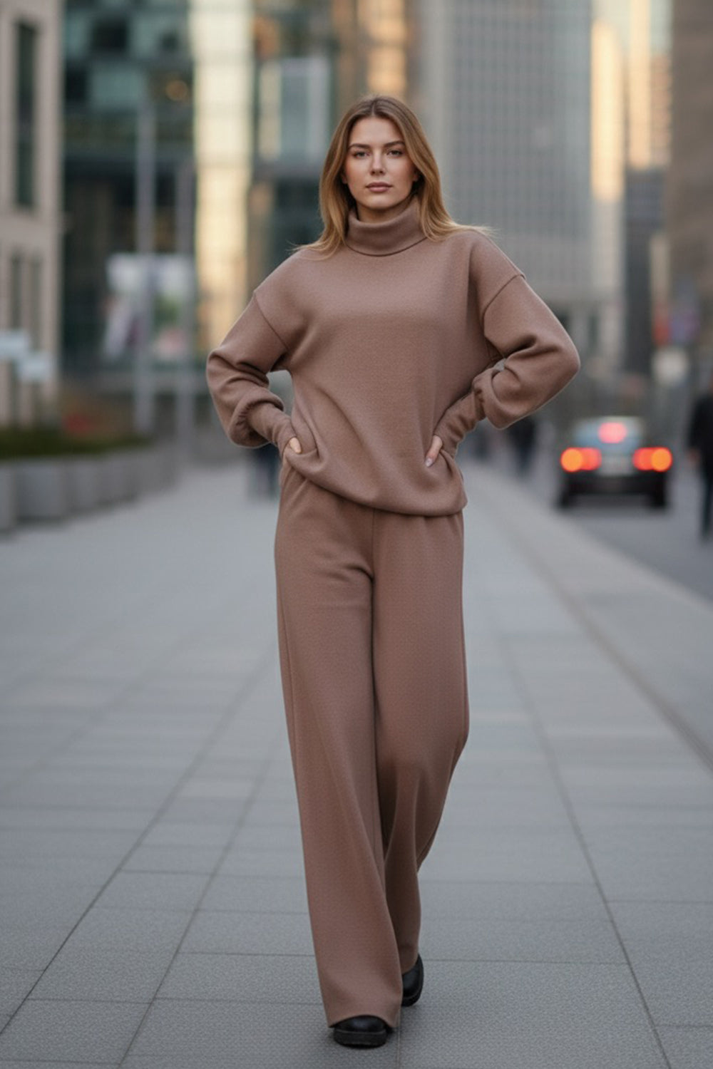 A walking suit made of soft knitted angora in the color "Mocha"