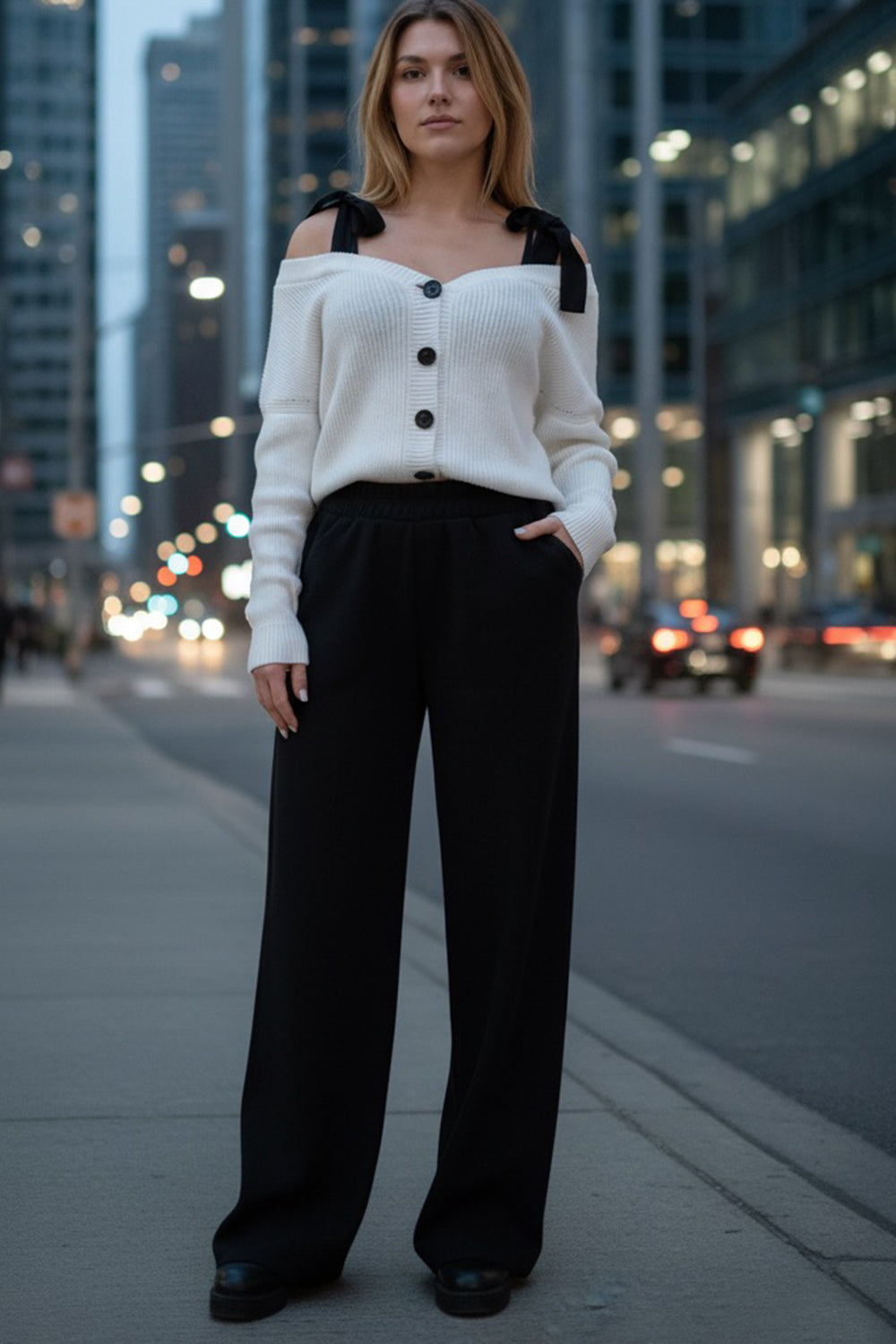 Black wide-leg knit trousers made of soft angora