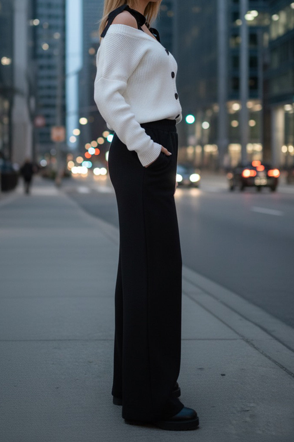 Black wide-leg knit trousers made of soft angora