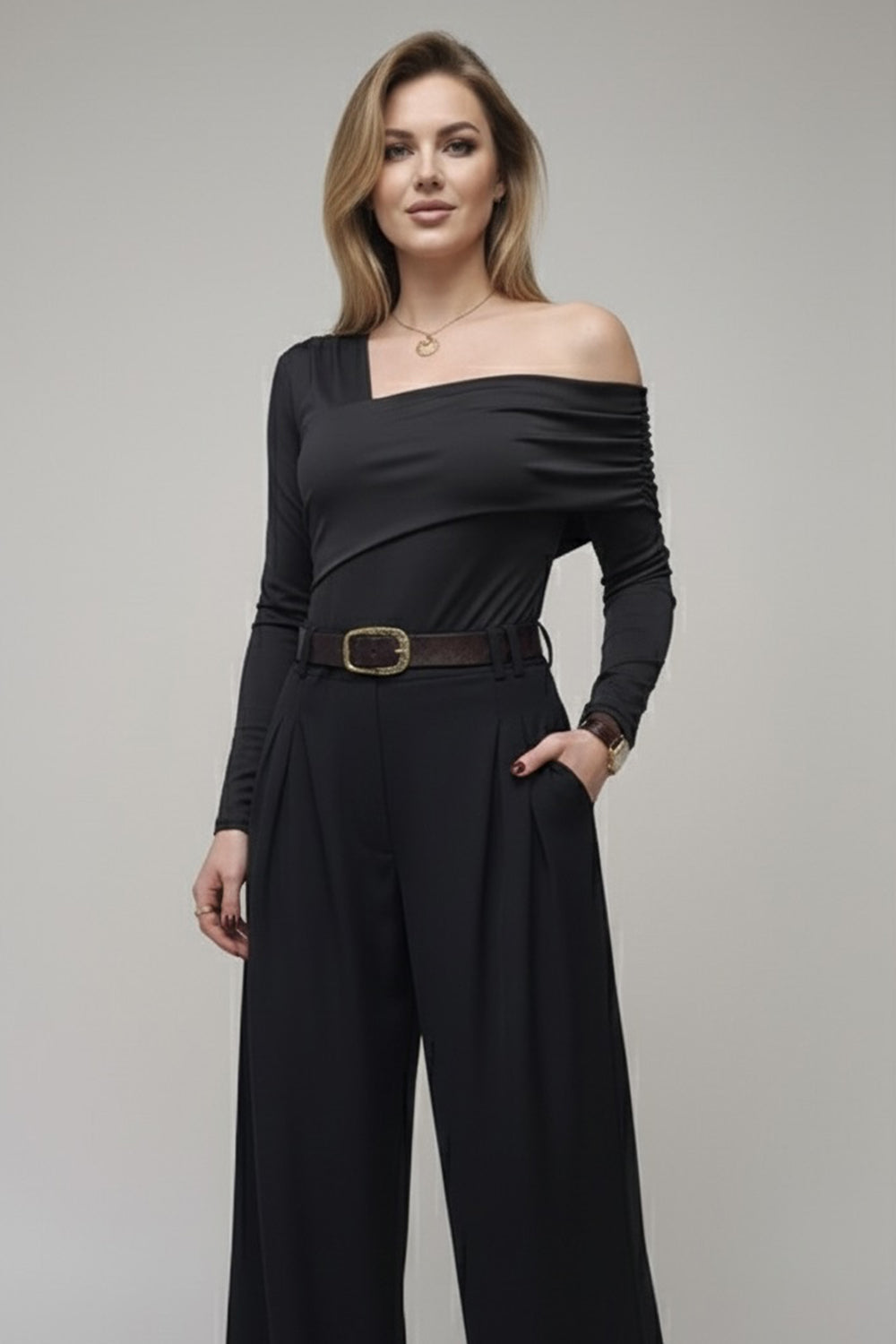 Black long sleeve t-shirt with an asymmetrical neckline