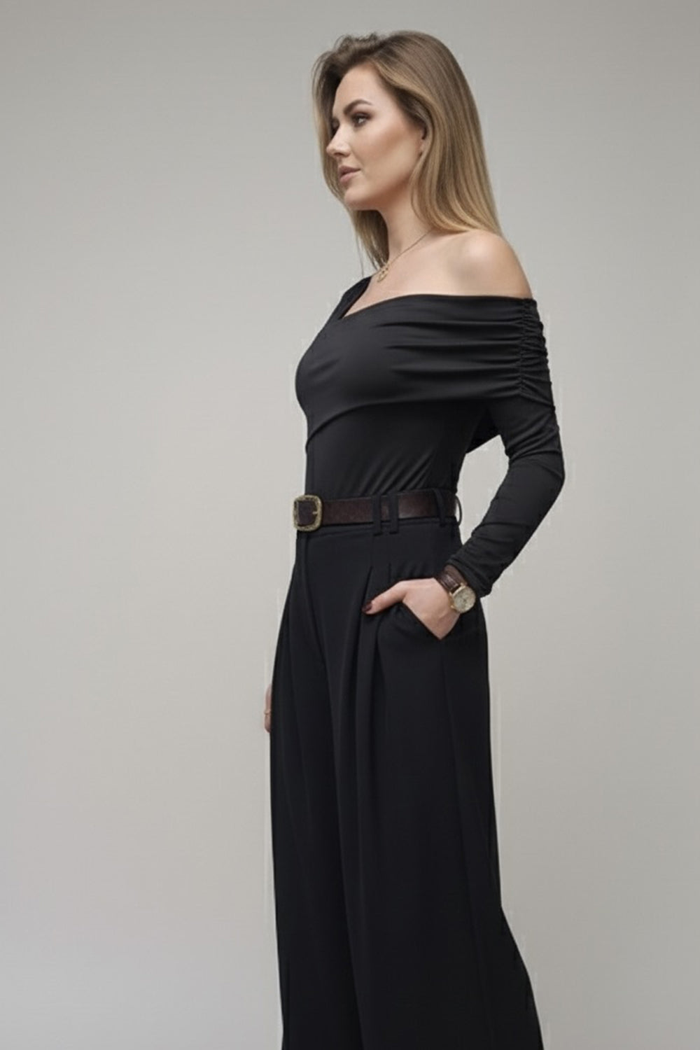 Black long sleeve t-shirt with an asymmetrical neckline